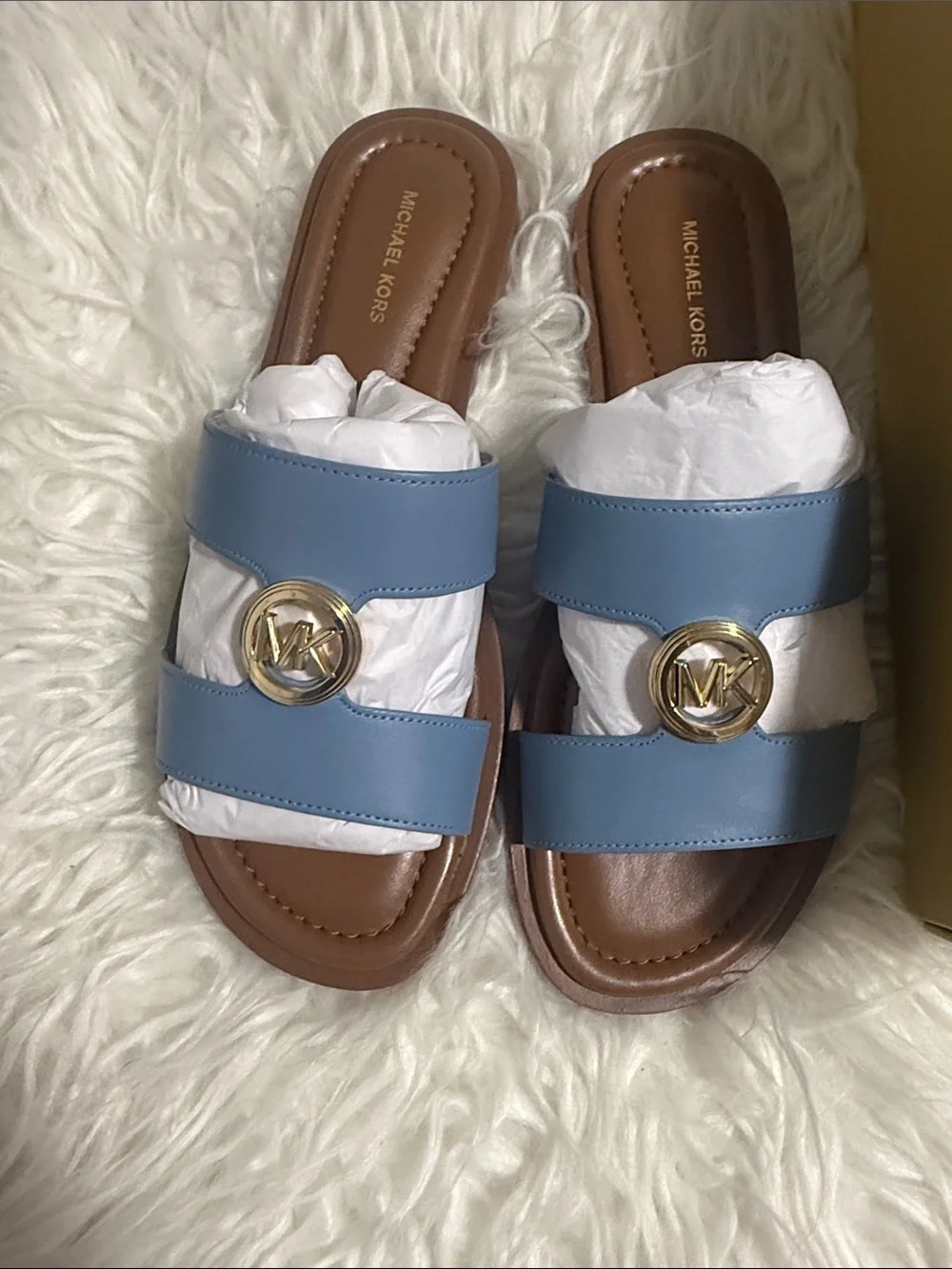 Michael Kors Light Blue Leather Erin Flat Sandals with Gold MK